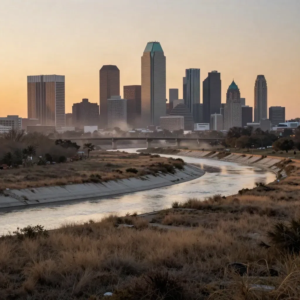 Dallas skyline over the Trinity floodplain at amber dusk, calm river bend and hazy open foreground.