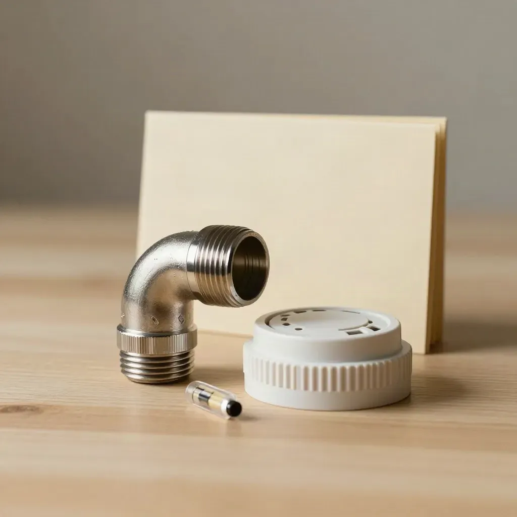 Fire safety sample kit on pale oak with conduit elbow, detector base, fuse, and folder