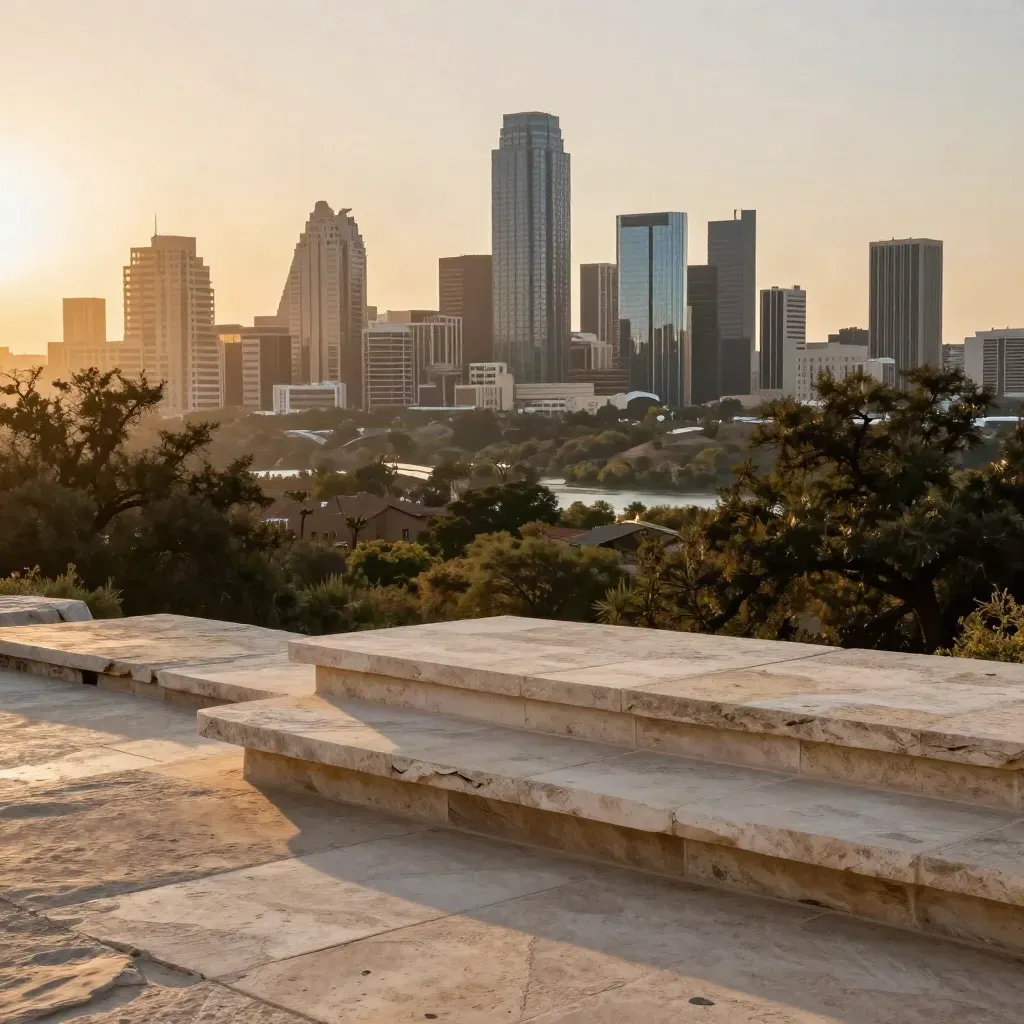 Austin skyline at golden hour above limestone terraces and live oaks, calm open foreground for copy