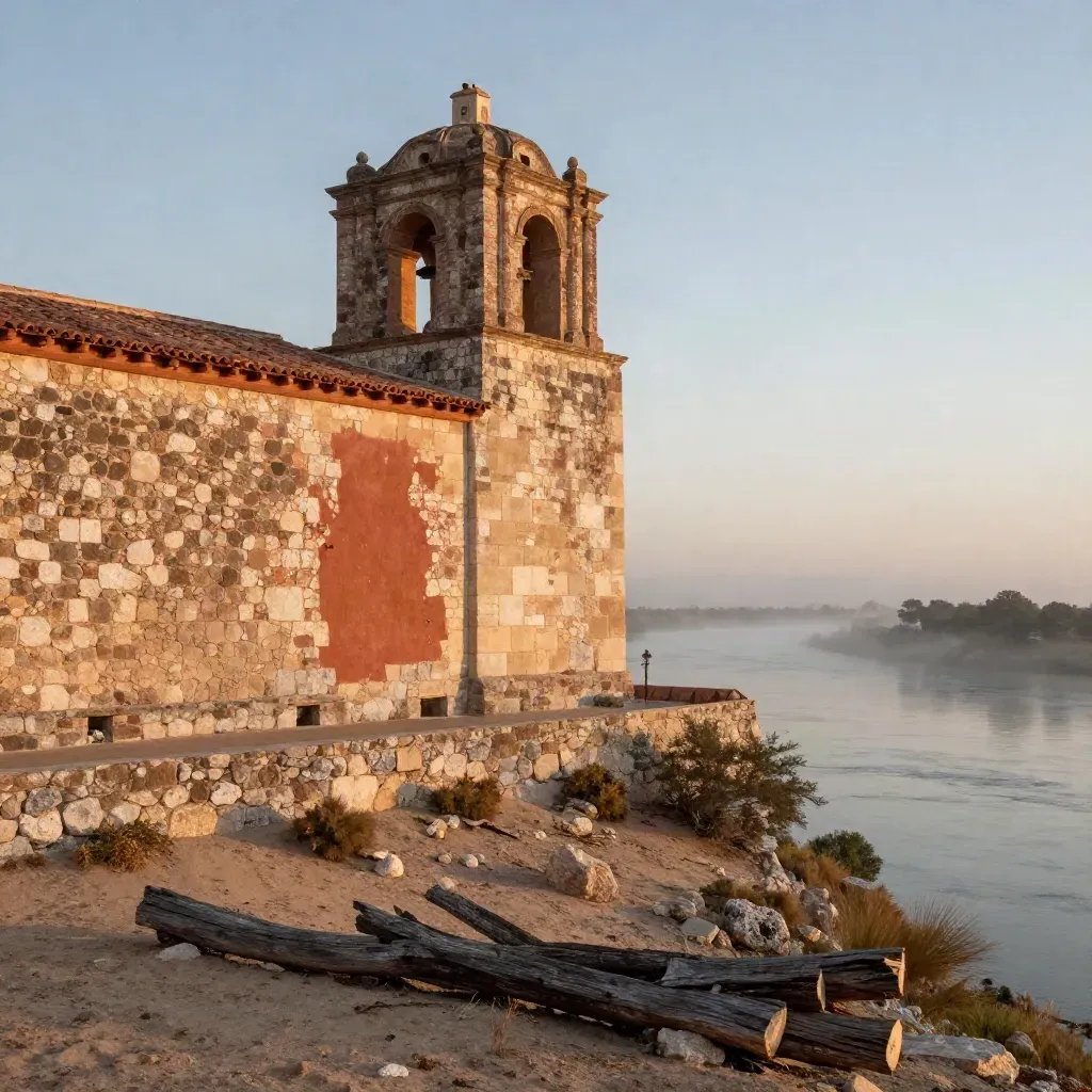 Sunrise mission tower above a misty South Texas river corridor