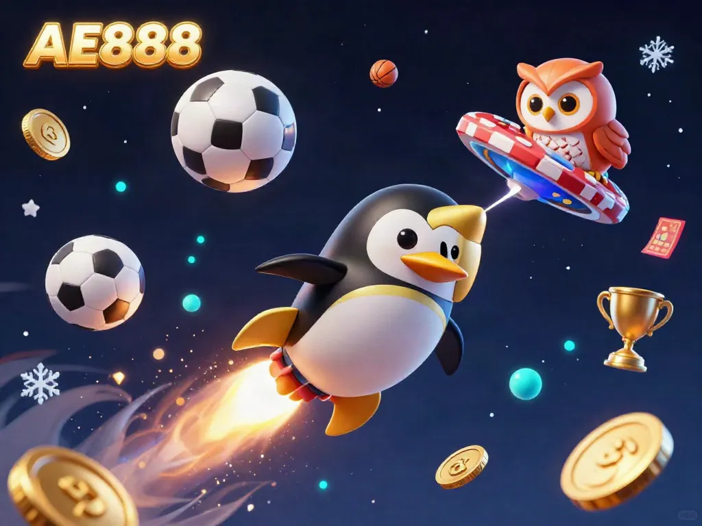 Experience the excitement of AE888 with a golden penguin zooming past a casino station, surrounded by sports elements.