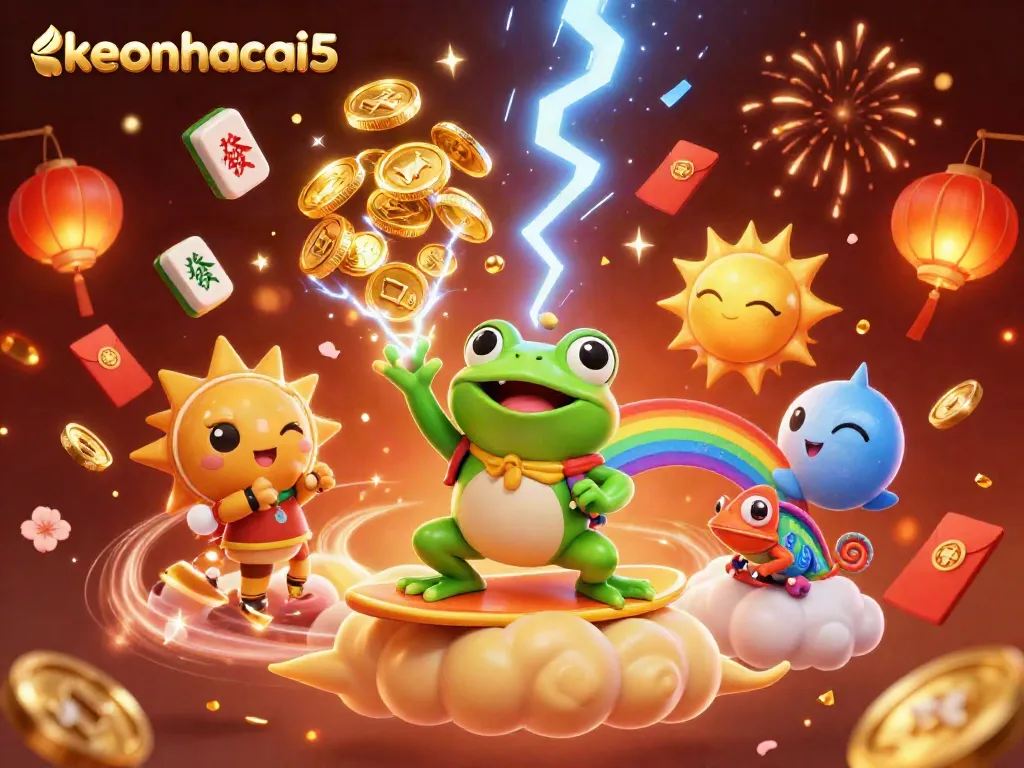 Experience keonhacai5's magical storm of golden coins and vibrant characters in this casino-themed illustration.