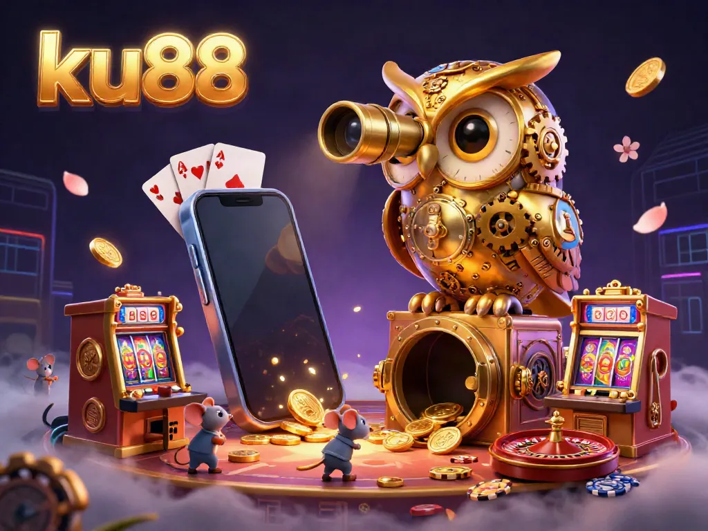 Experience the thrill of ku88 with a vibrant digital casino scene showcasing an owl and bustling slot machines.
