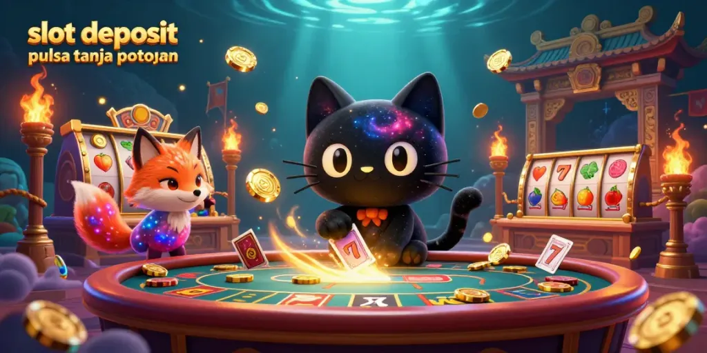 Experience slot deposit pulsa tanpa potongan in an energetic cosmic casino with colorful characters and dynamic gaming elements.