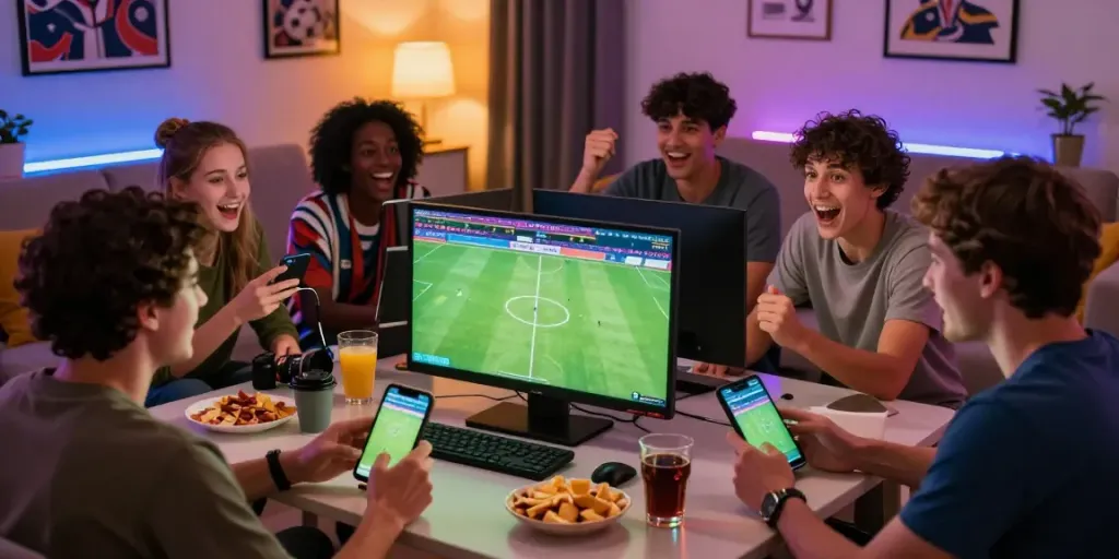 Exciting online gaming experience with friends betting on debet.gb.net while watching a live soccer match.
