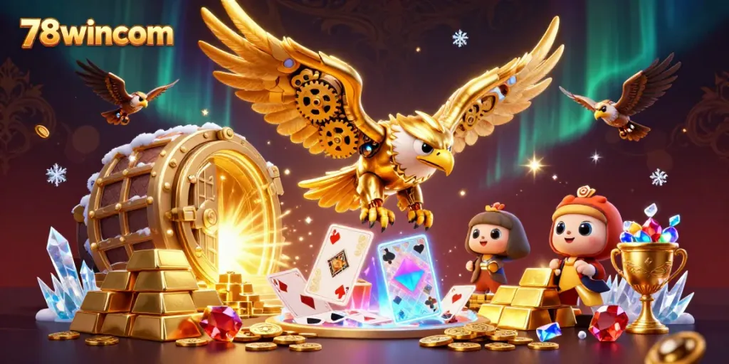 Engage with exciting gaming at 78wincom featuring a golden eagle and holographic cards.