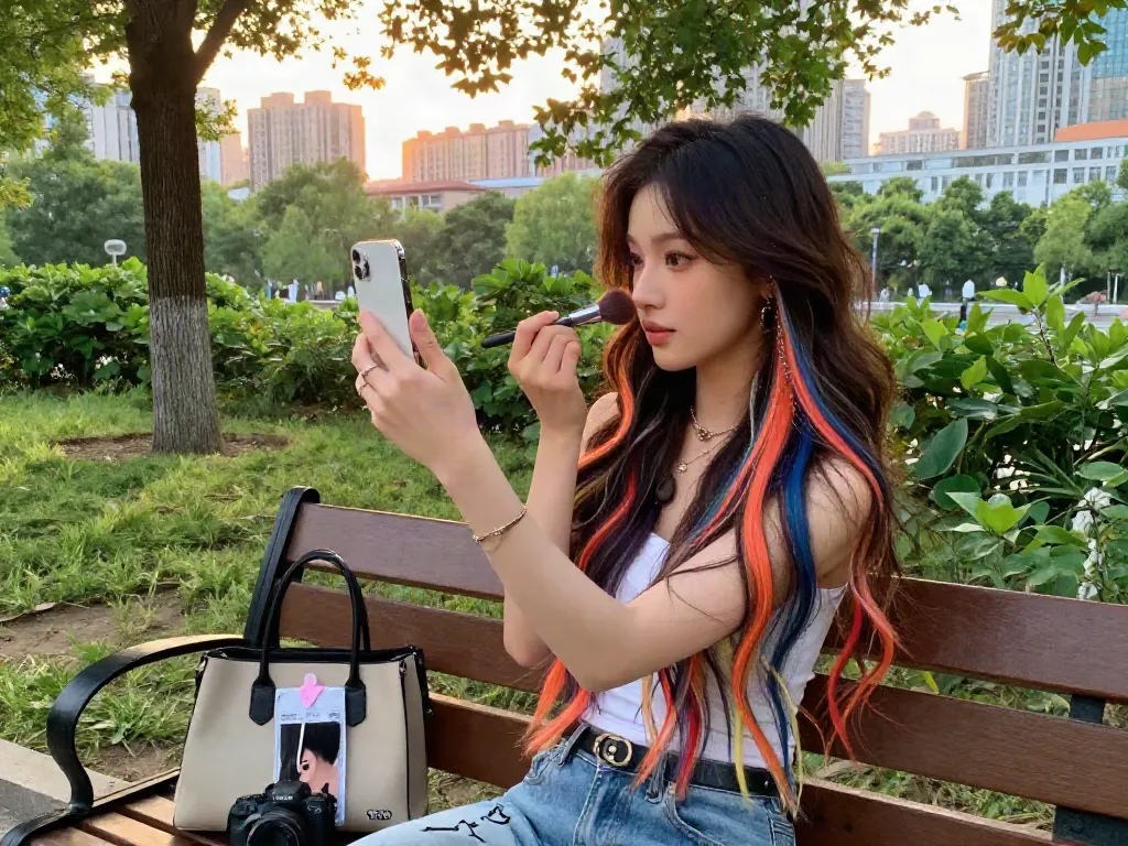 A young woman applying makeup with hair extensions and accessories in a chic urban park setting.
