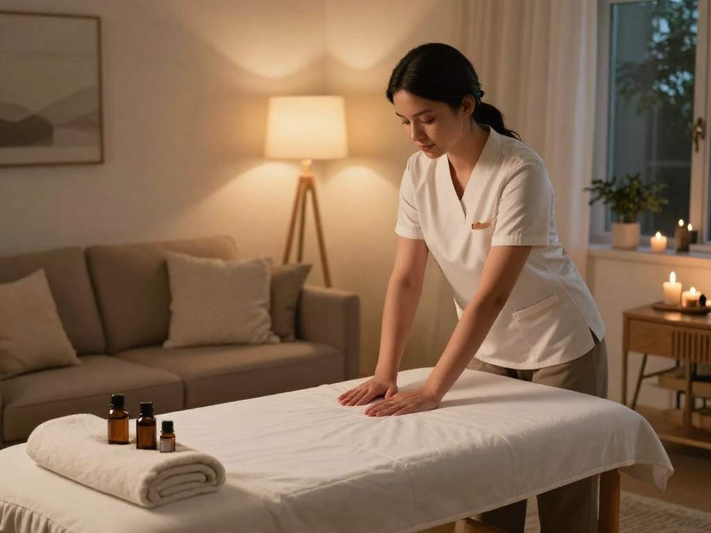 안산출장안마 in a cozy home setting with a professional therapist preparing for a relaxing massage session.