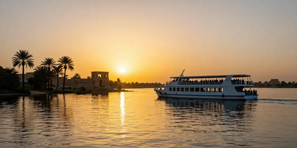 Lake Nasser Cruise boat at sunset with Nubian temples in the background, serene waters and palm trees reflecting.