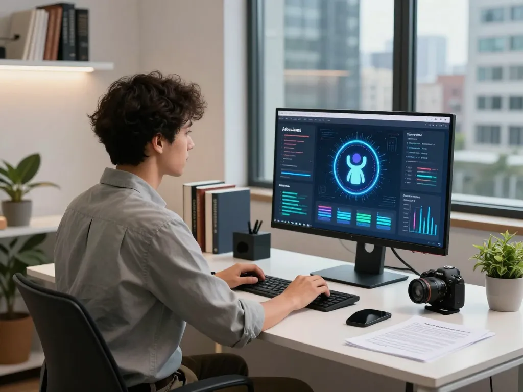 Engaging professional utilizing sex AI technology in modern workspace.