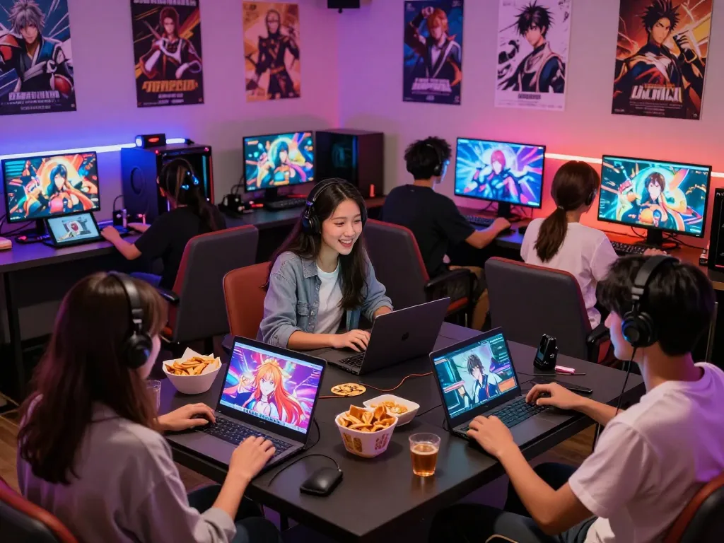 Friends enjoying interactive porn games html in a vibrant gaming lounge.