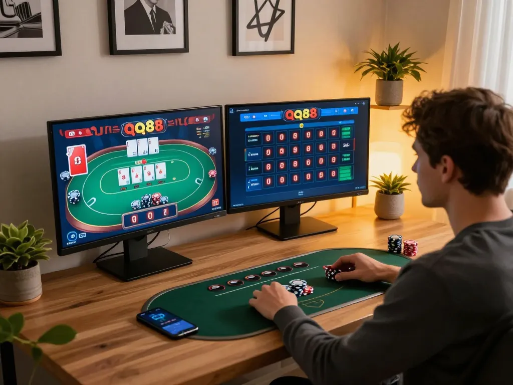 Engaging in qq88 online casino games with a dual-screen setup illustrating strategic gameplay and responsible gaming.