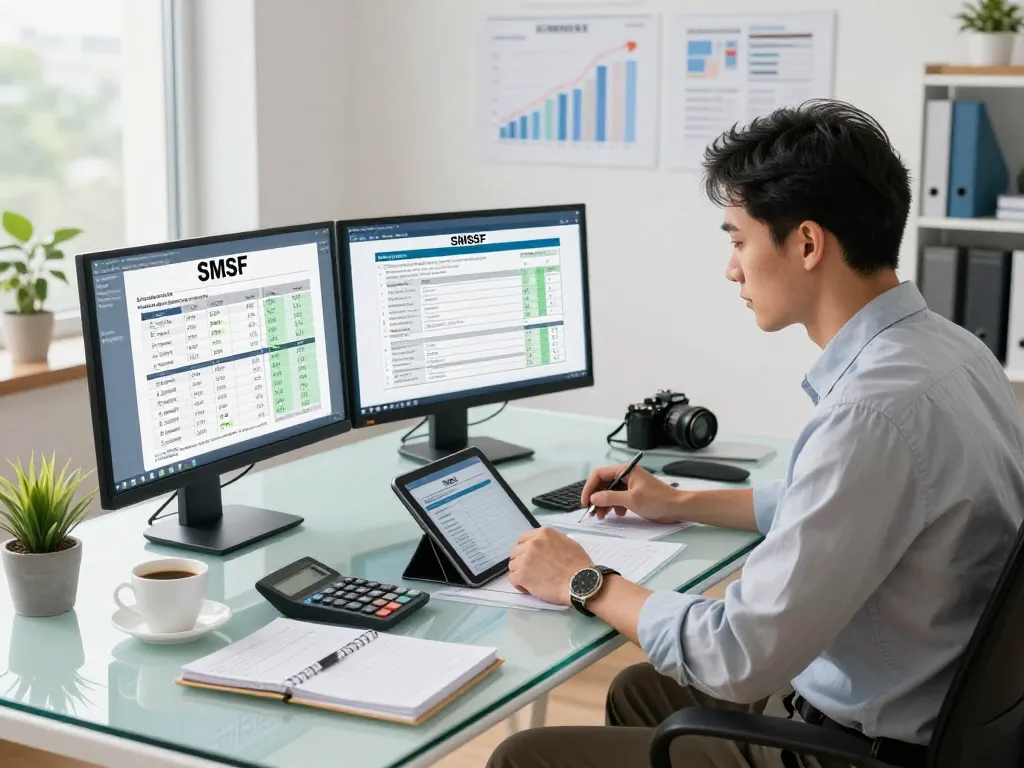 SMSF Accountant analyzing financial reports in a modern office setting, emphasizing professionalism and transparency.