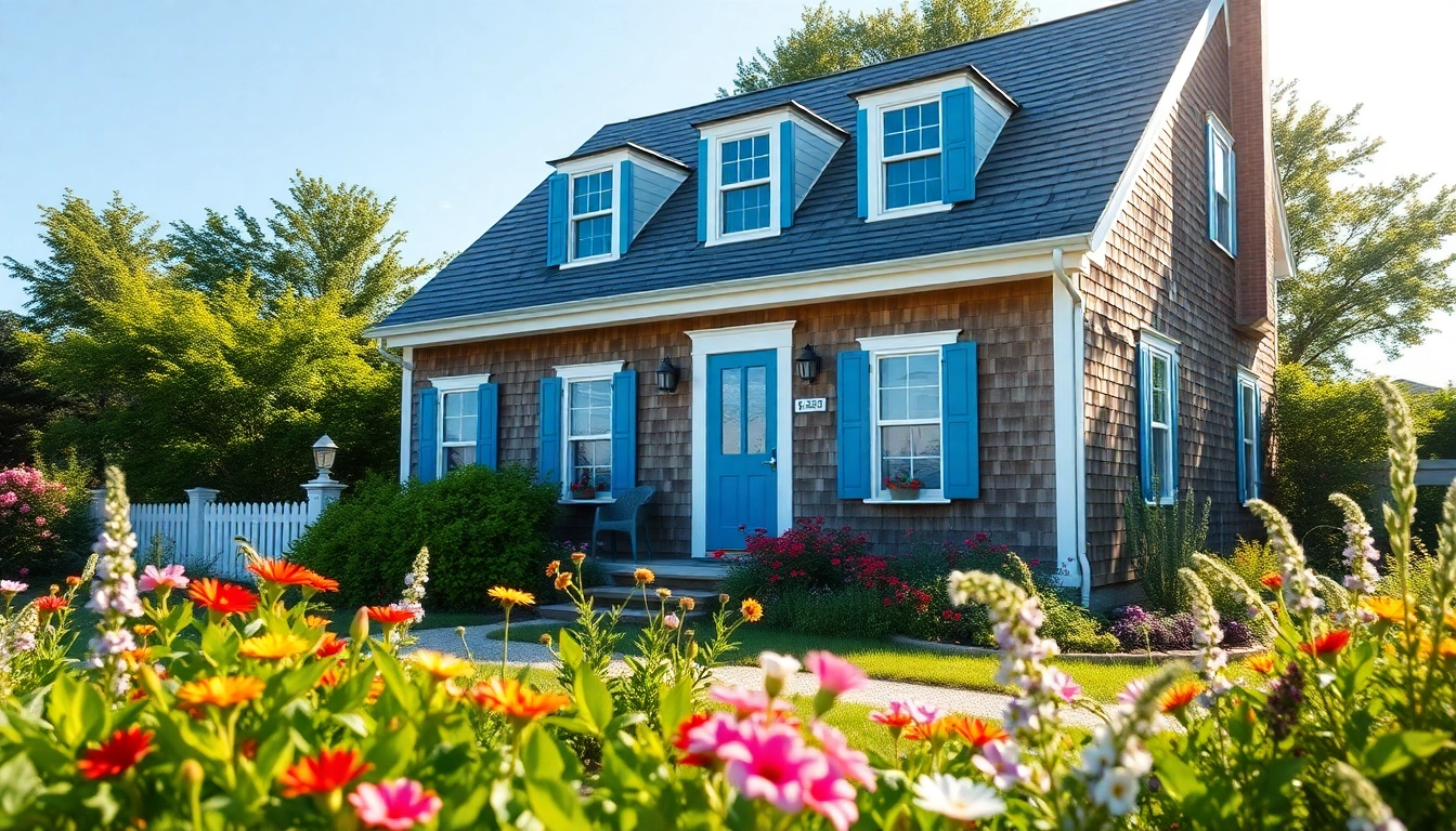 Cape Cod homes with charming architecture, surrounded by a colorful garden and lush greenery.