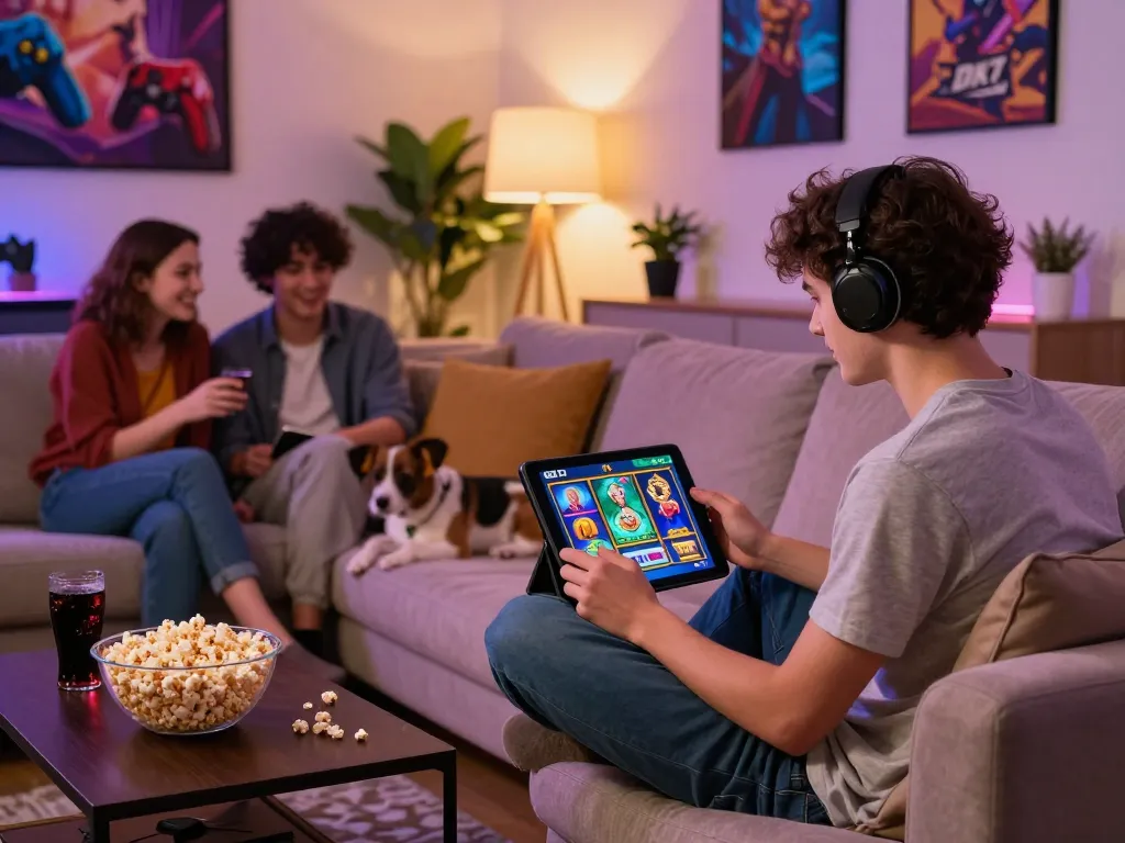 Engaged player enjoying DK7 slot on tablet in cozy living room with snacks.