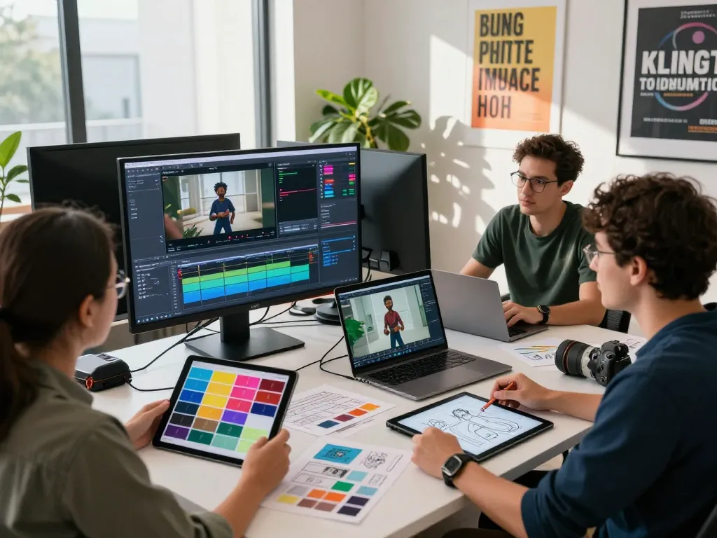 Team collaborating on Kling motion video production in a creative studio.