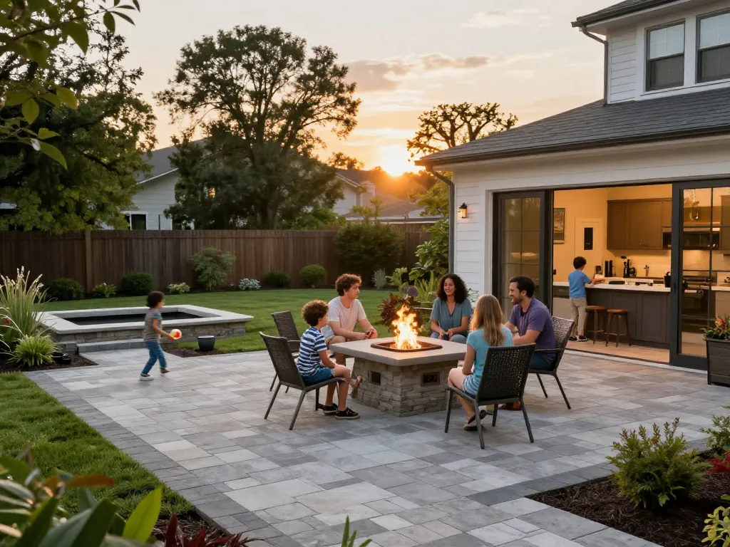 Paver installation near me with a family enjoying a cozy outdoor space, showcasing a fire pit and lush greenery.