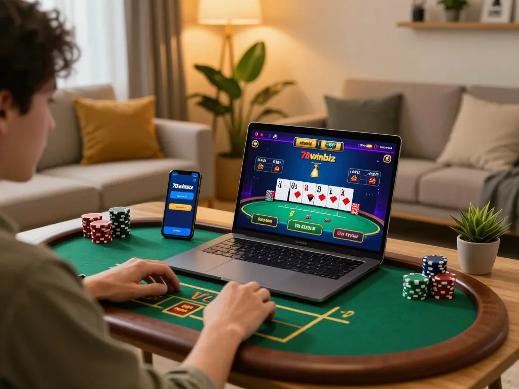 Engaged player enjoying online casino games on 78winbiz app in a cozy home setup.