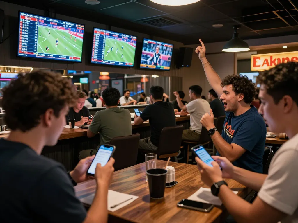 F168 fans actively placing bets during a thrilling sports event in a vibrant sports bar atmosphere.