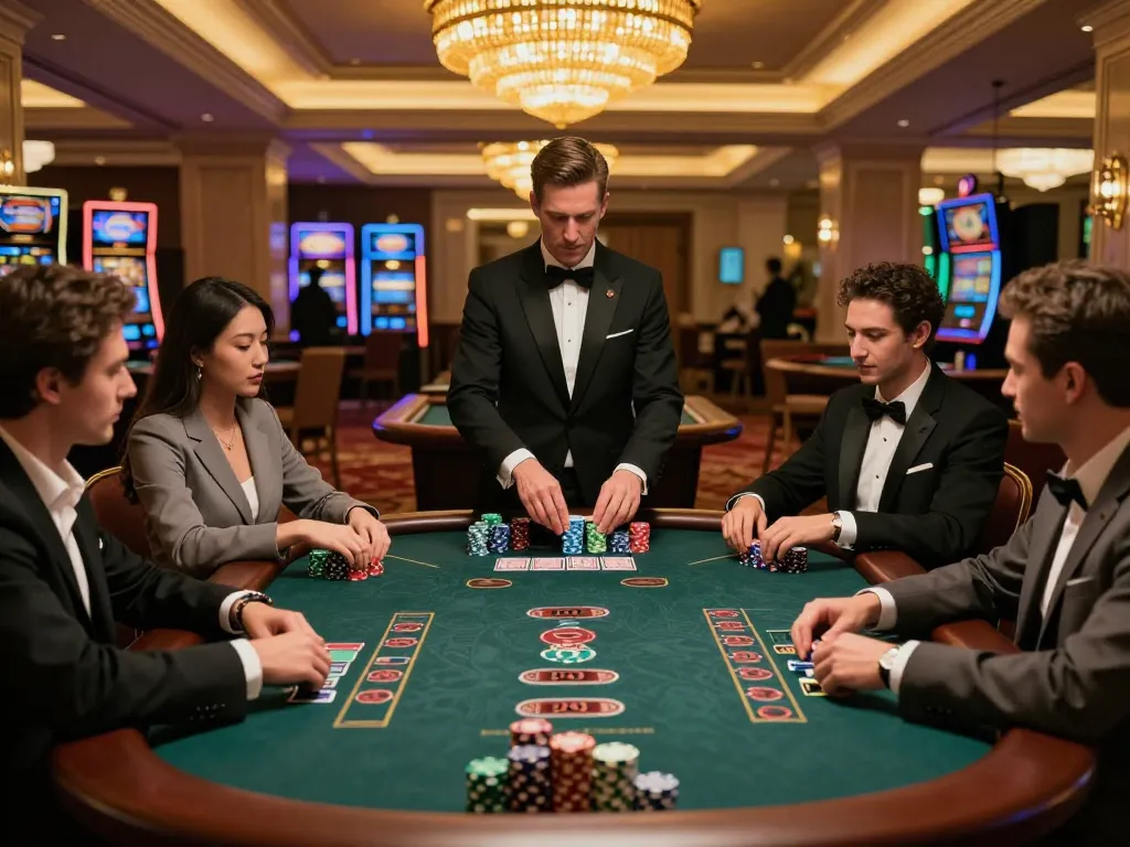 Red88 blackjack table filled with engaged players strategizing their bets in an upscale casino environment