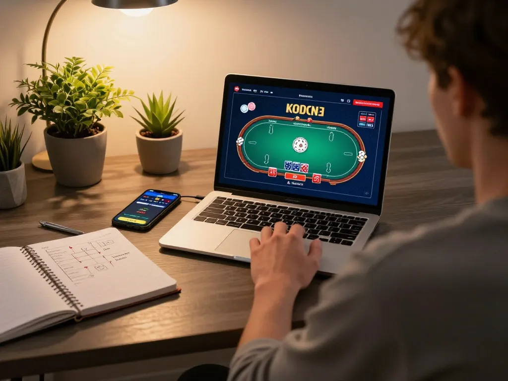 Engaging player strategizing at 789win online casino on laptop with warm lighting.