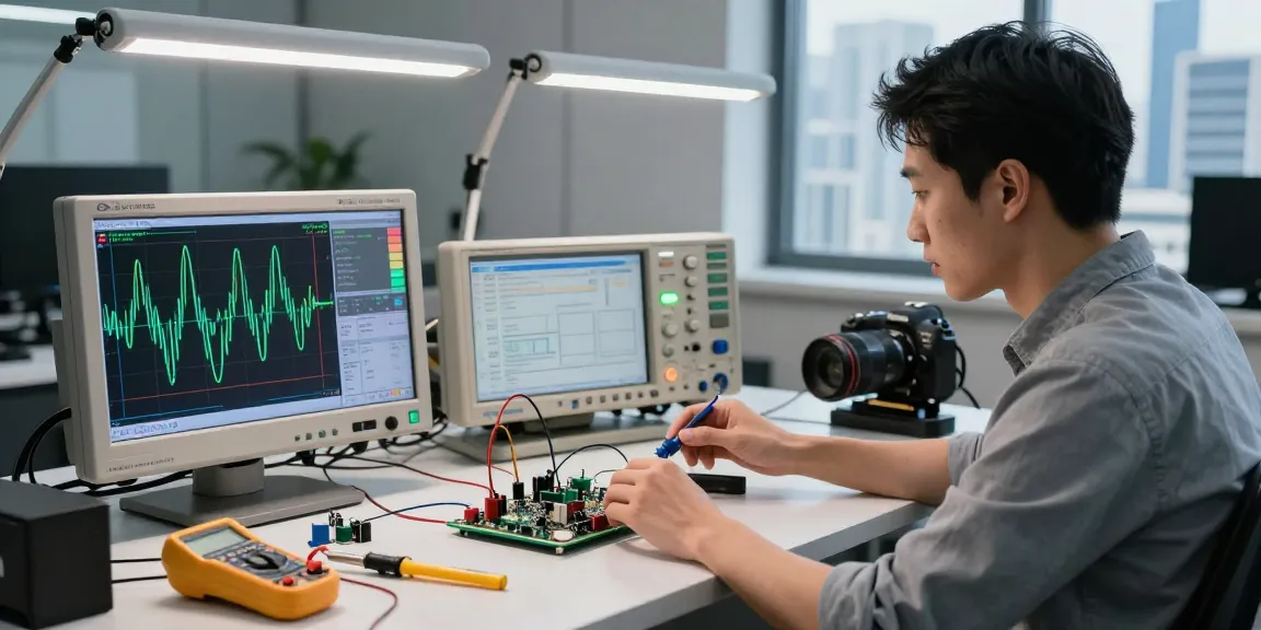 Engineer using a 2 Channel Digital Oscilloscope to analyze electronic waveforms in a modern tech workspace.