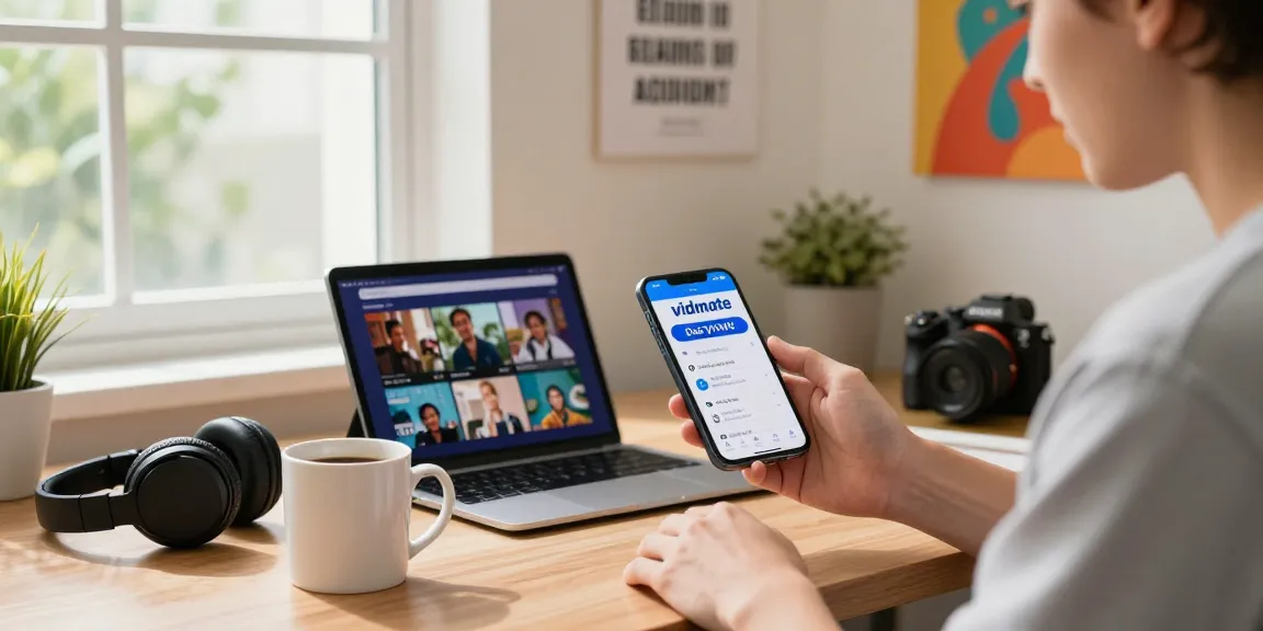 Experience seamless video downloads with Vidmate app in a cozy home office setting.