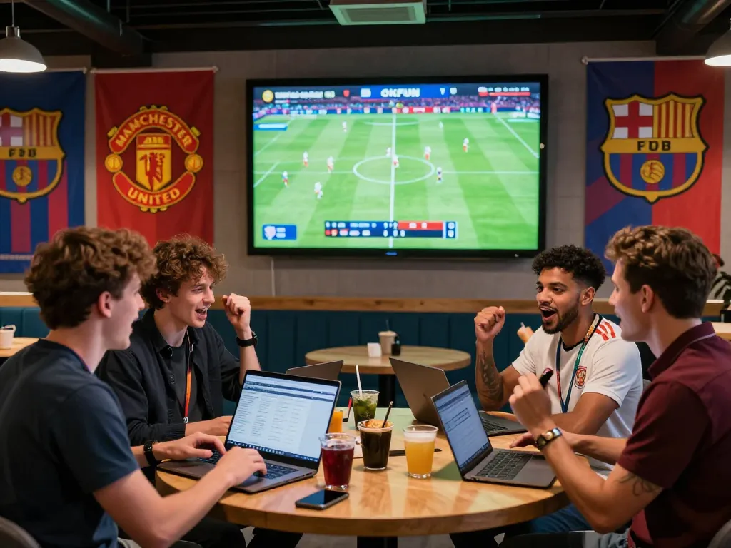 Diverse group of bettors enjoying live sports betting at https://okfun.onl/ with screens showing football match stats and team banners.