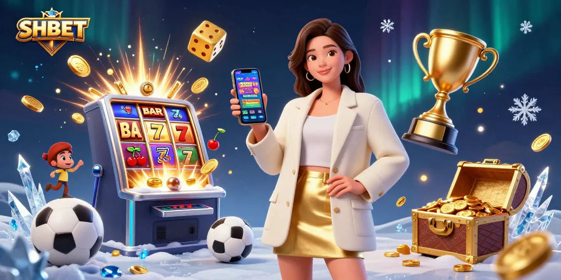 Experience SHBET's vibrant gaming world with a friendly character showcasing a sports betting app in a dynamic, celebratory scene.