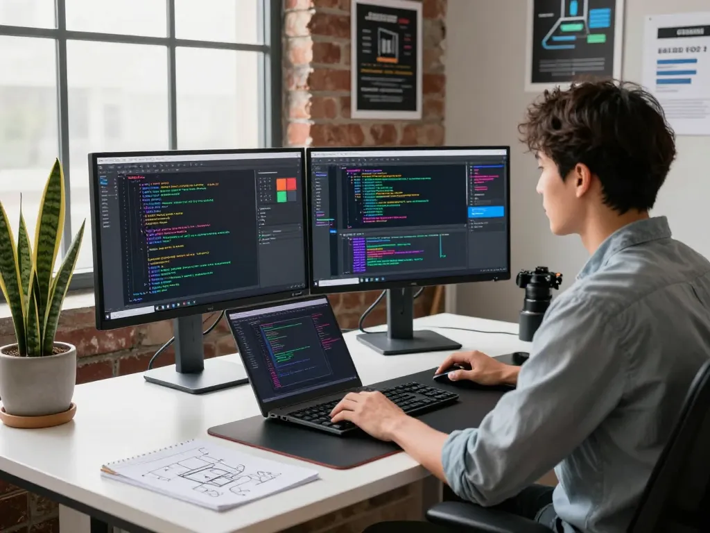WPS software developer coding in a modern workspace with dual monitors and app design elements