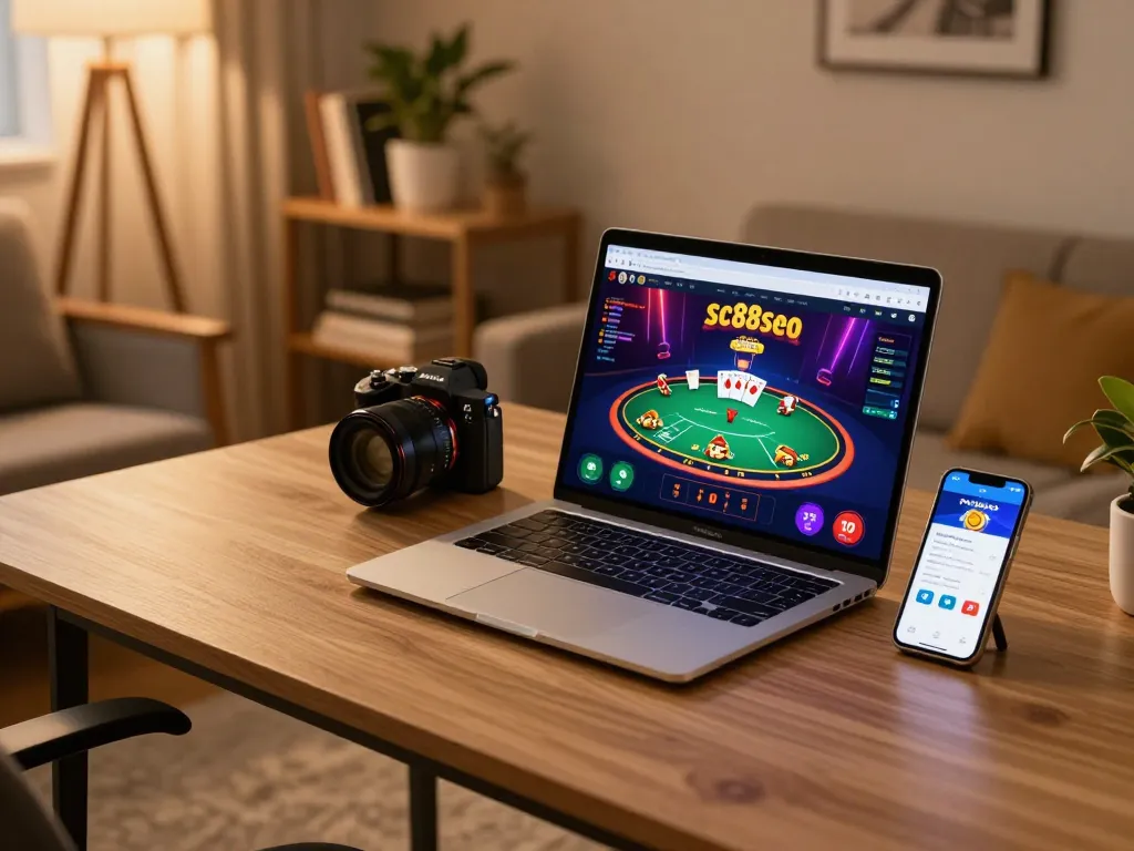 Player using sc88seo app on laptop for online casino gaming in a cozy home setup.