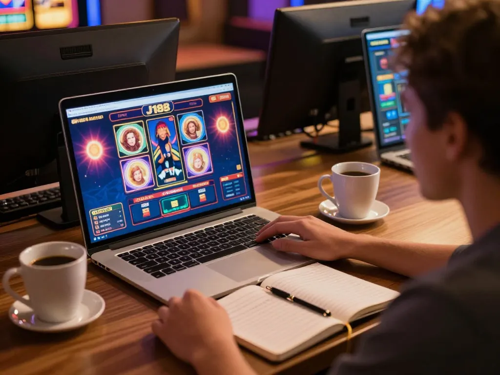 Engage in thrilling J188 online casino gaming experience with laptop and betting strategies at hand.