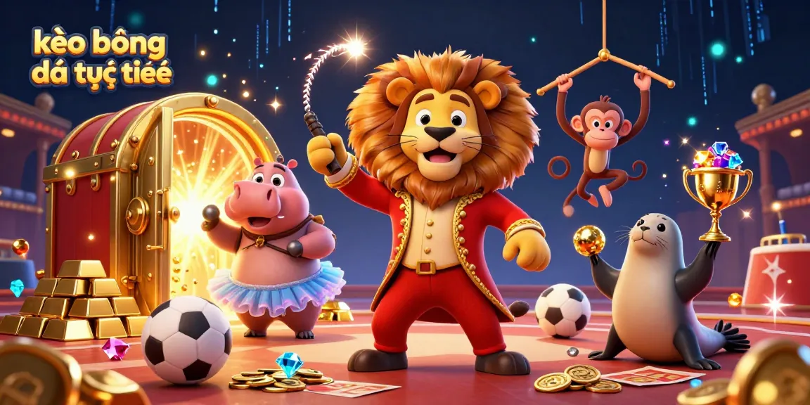 Engage with kèo bóng đá trực tuyến as circus characters enjoy a vibrant sports betting scene.