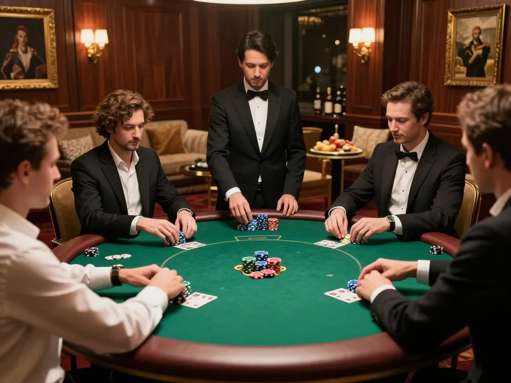 Players engaging in high-stakes poker at F8bet's luxury gaming room, showcasing the thrill of gambling.
