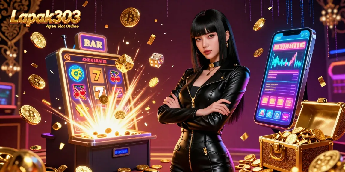Experience the excitement of Lapak303 Agen Slot Online with vibrant 3D visuals showcasing slot machines and neon graphics.