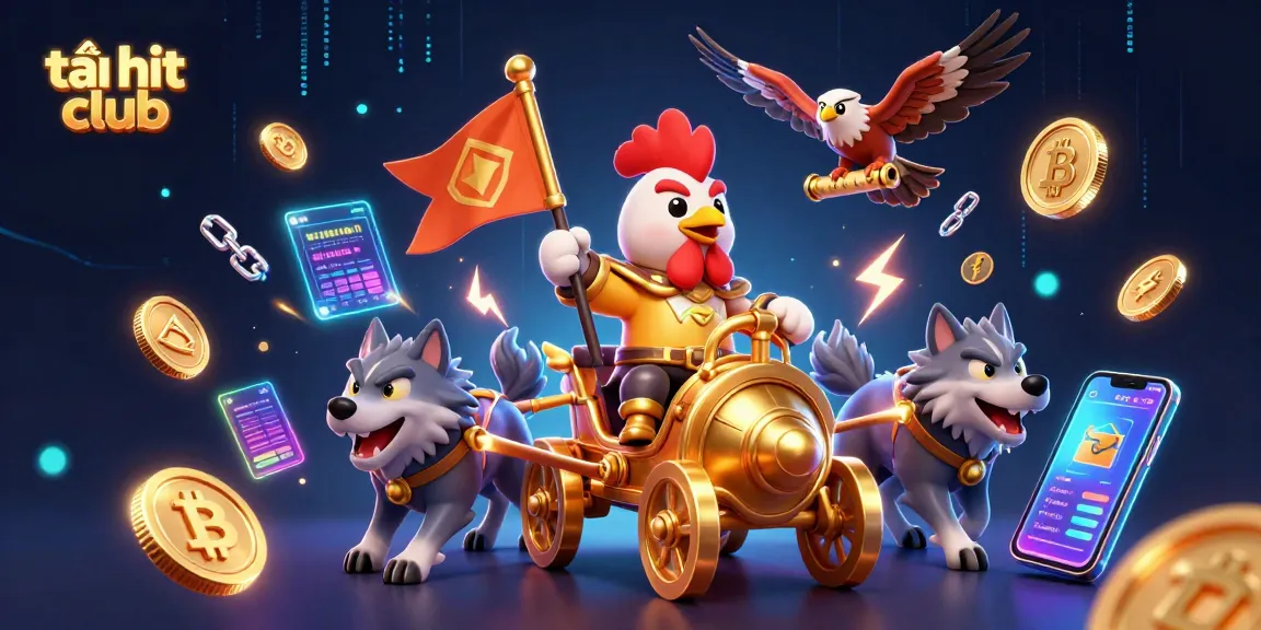 Engage in gaming action with tải hit club showcasing 3D rooster warlord amidst crypto and casino elements.