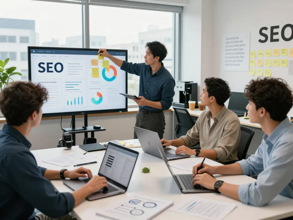 Team collaborating in a tech lab to find the best AI for SEO software amidst laptops and SEO analytics.