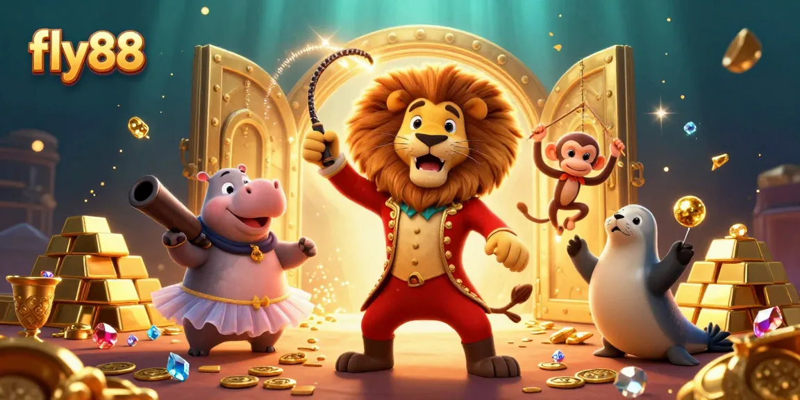 Experience the thrill of fly88 with a vibrant 3D casino illustration featuring whimsical characters and treasure elements.