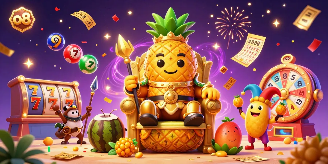 Engage with o8's golden pineapple king in a vibrant casino scene, featuring dynamic lottery balls.