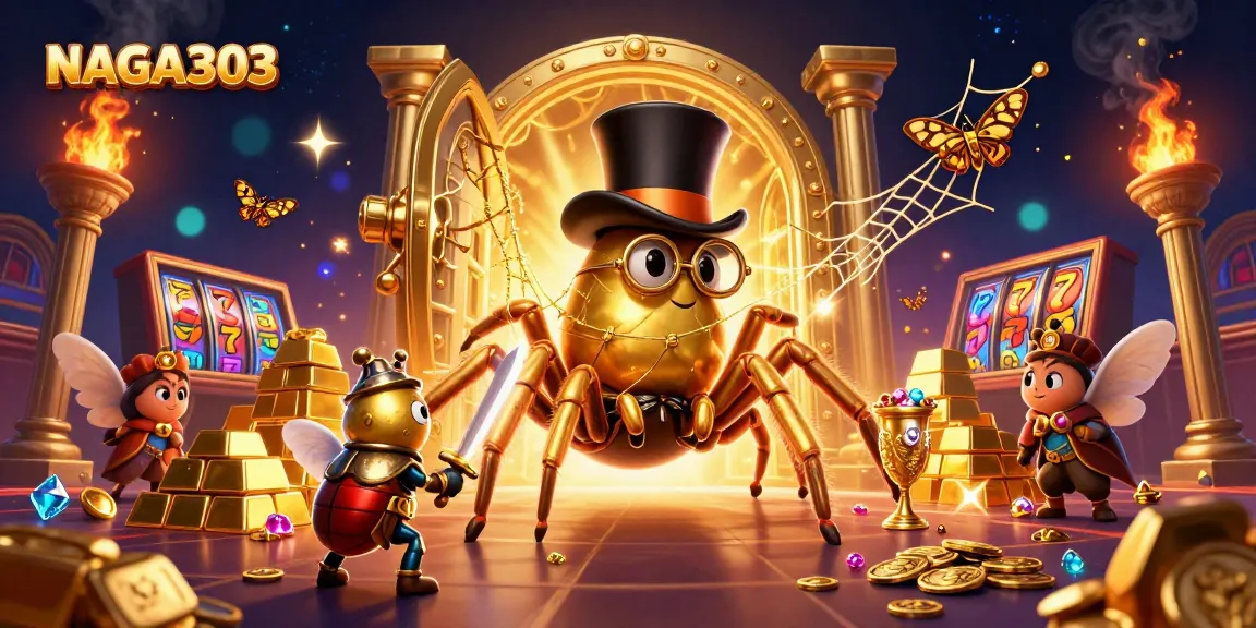 NAGA303 illuminates a casino scene with characters engaging in a golden adventure.