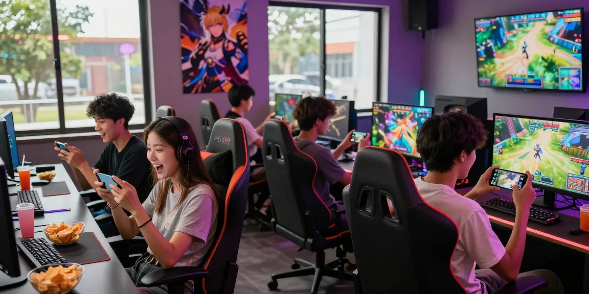 Mobile hentai games players enjoying vibrant gaming lounge atmosphere.