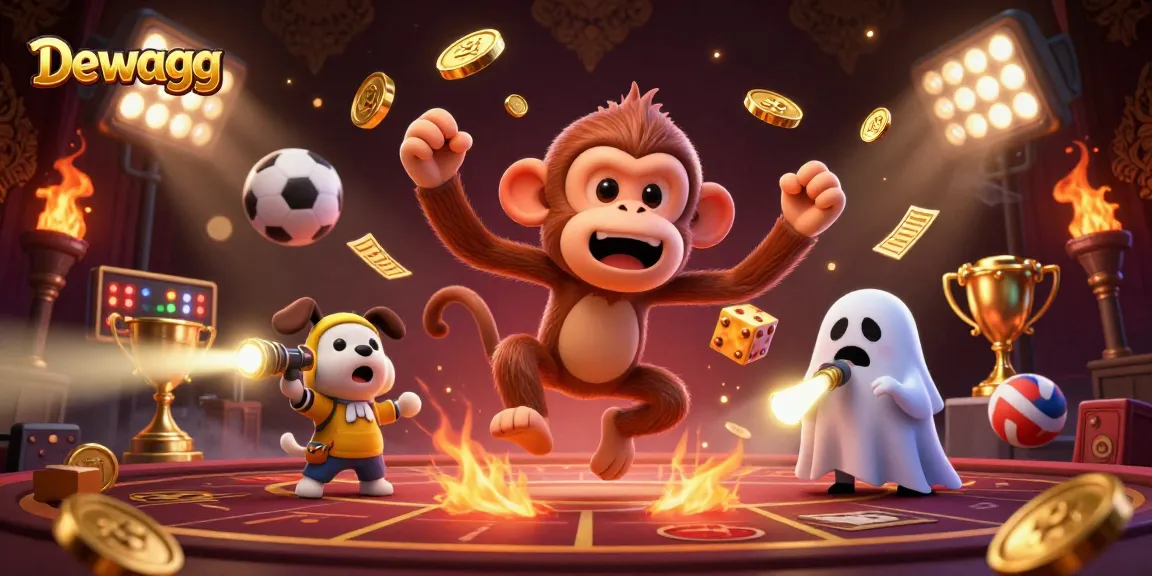 Dewagg showcases an animated casino scene with a playful monkey juggling golden items amid various sports-themed elements.
