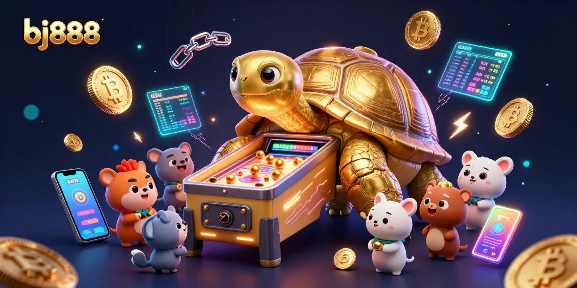 Spin the reels at bj888 with a vibrant scene of a colossal tortoise playing a pinball game in a dynamic casino atmosphere.