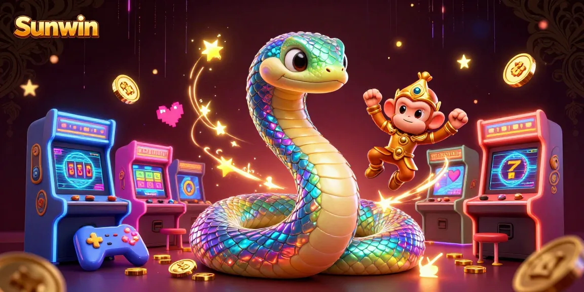Experience thrilling gameplay at Sunwin with vibrant arcade machines and slots, featuring a playful monkey king.