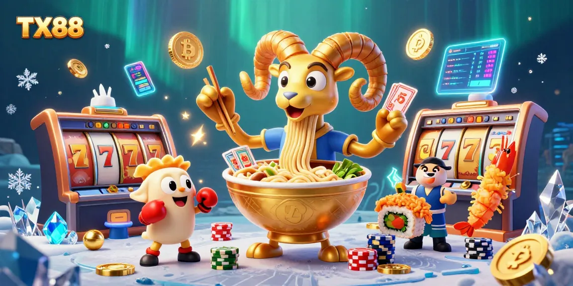 Experience exciting gameplay with TX88 as a golden ramen bowl deals cards and stacks chips in a vibrant casino scene.