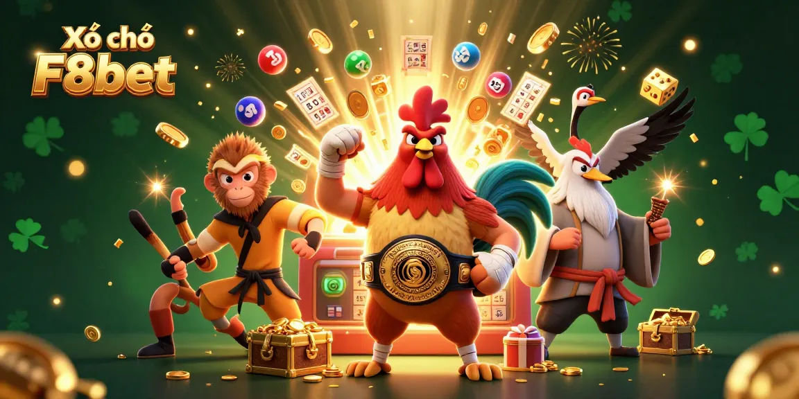 Experience the thrill of Xổ số F8bet with a vibrant illustration featuring a Muay Thai rooster and lucky lottery elements.
