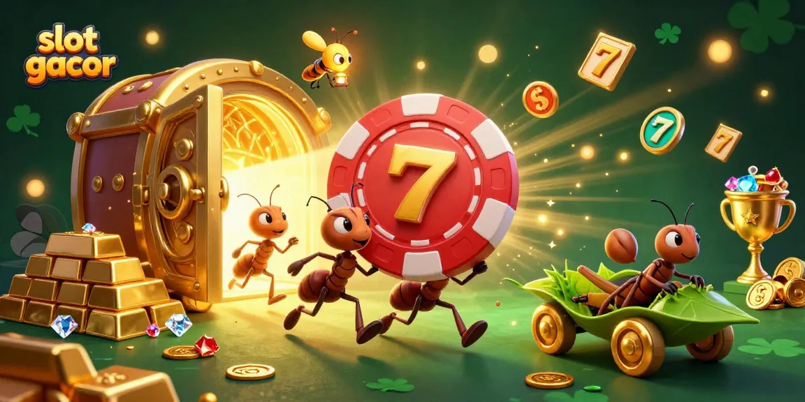 Engaging scene depicting slot gacor heist with cartoon ants, showcasing vibrant treasure and a dynamic casino atmosphere.