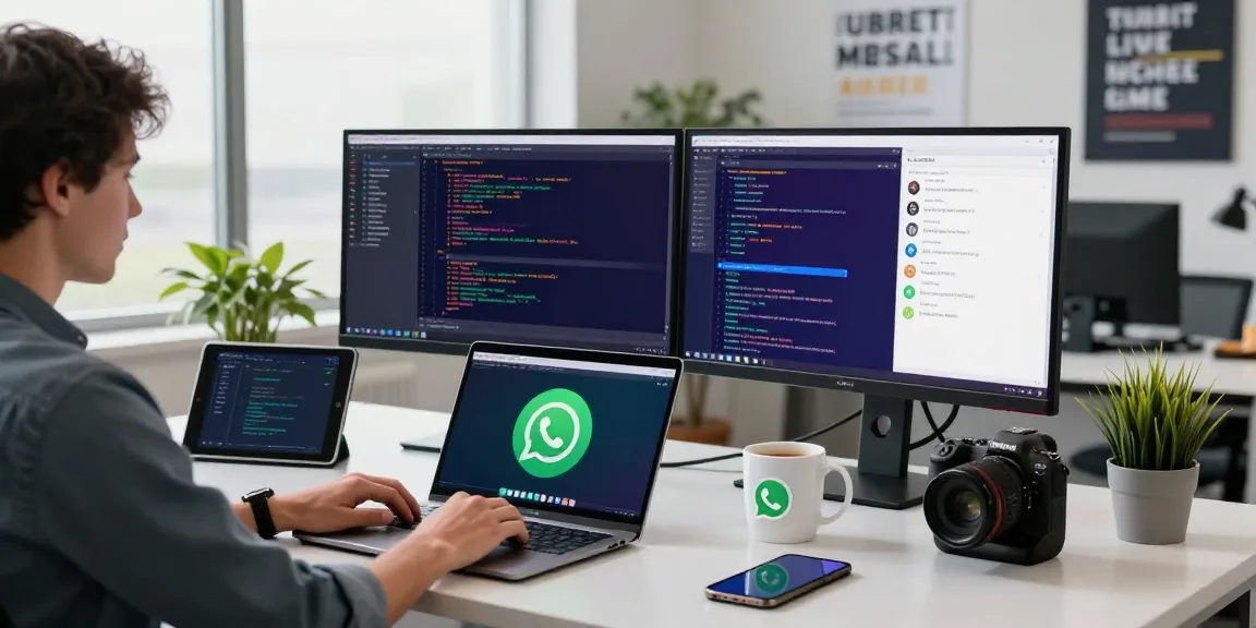 Engaged user utilizing WhatsApp電腦版 on a laptop in a modern workspace.