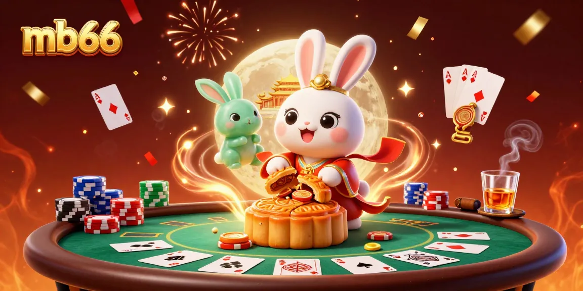 Betting high-stakes at mb66 casino with poker chips and golden mooncakes in vibrant 3D illustration