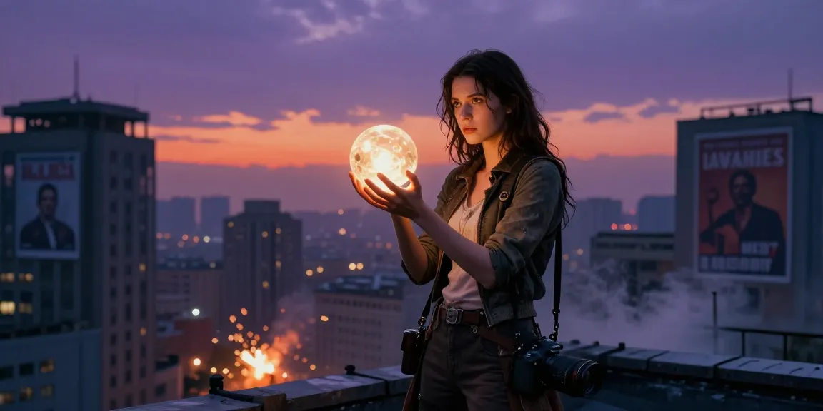 Young woman symbolizing chosen one sci-fi rebellion and government conspiracy against a dystopian city backdrop.
